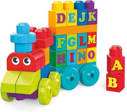 MEGA Conjunto de brinquedos de blocos de construção para crianças BLOKS First Builders, trem de aprendizagem ABC com 60 peças, maiores de 1 ano, DXH35