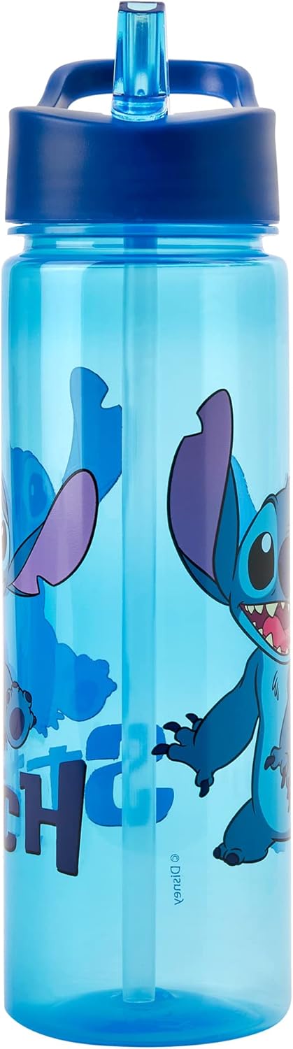 Botella de agua Disney Stitch con pajita abatible de 600 ml - Productos oficiales Polar Gear - Reutilizable para niños, antiderrames, sin BPA, plástico reciclable, ideal para la escuela, guardería, deportes, picnic, azul