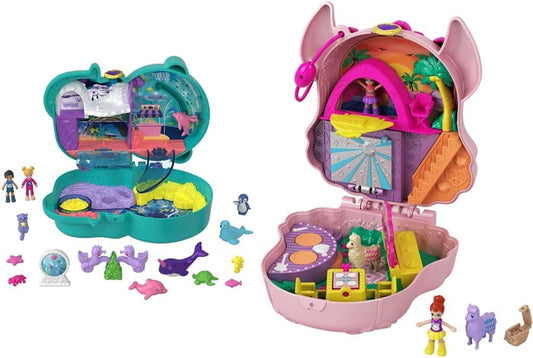 Polly Pocket Otter Aquarium Compact, 2 micro bonecas, 5 revelações e Llama Music Party Compact com palco, pista de dança giratória, barracas de comida, Micro Polly, bonecas Lila, 2 figuras de lhama, folha de adesivos,