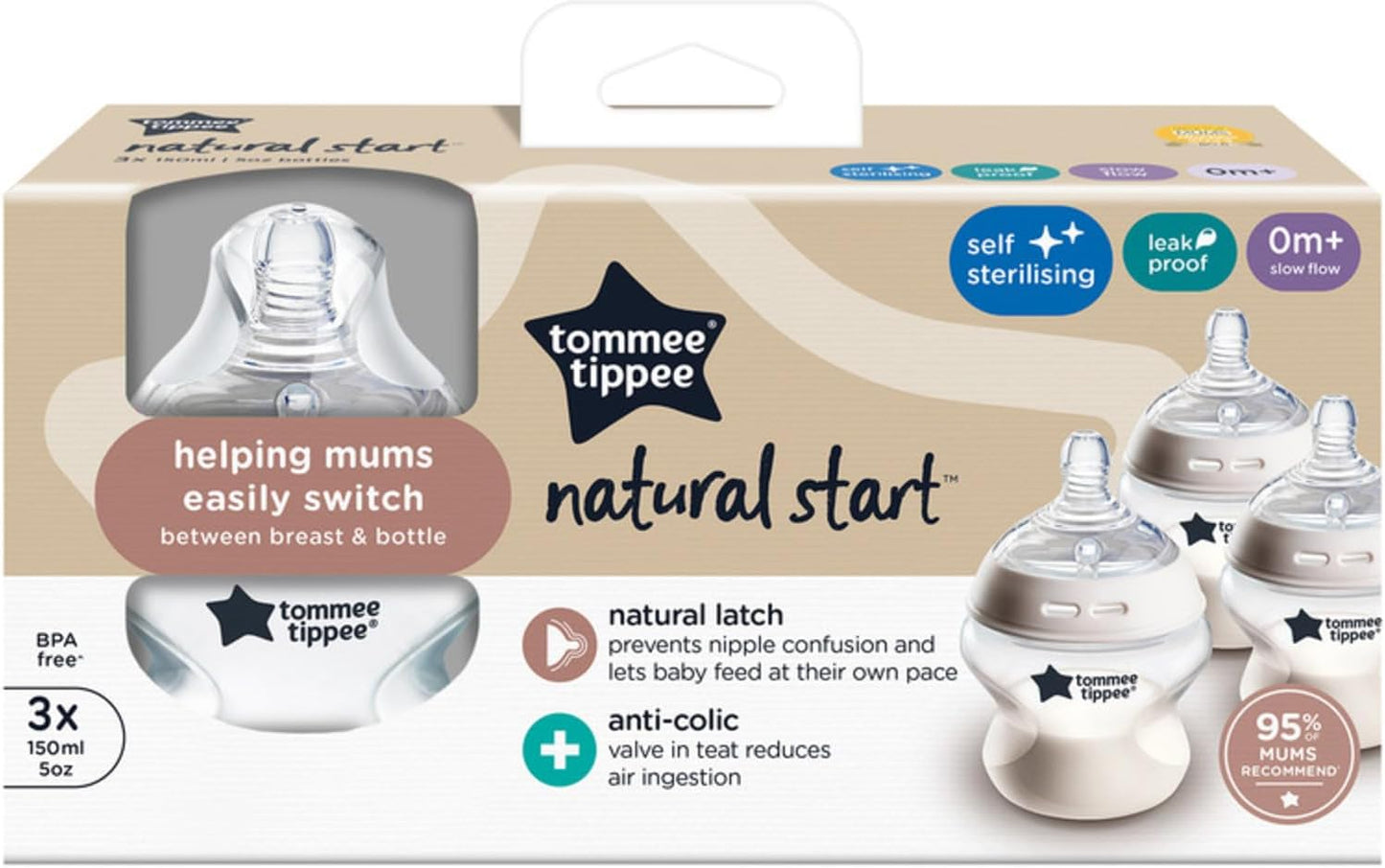 Tommee Tippee Natural Start Biberón anticólicos, 150 ml, 0+ meses, tetina de flujo lento similar al pecho para cierre natural, válvula anticólicos, autoesterilizante, paquete de 3