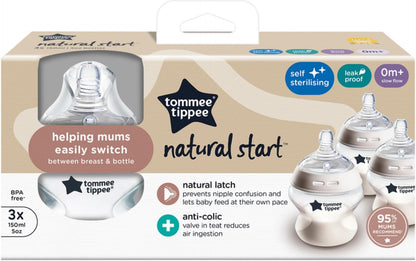 Tommee Tippee Mamadeira anticólica Natural Start, 150 ml, 0+ meses, tetina semelhante a um peito de fluxo lento para uma trava natural, válvula anticólica, autoesterilizante, pacote com 3