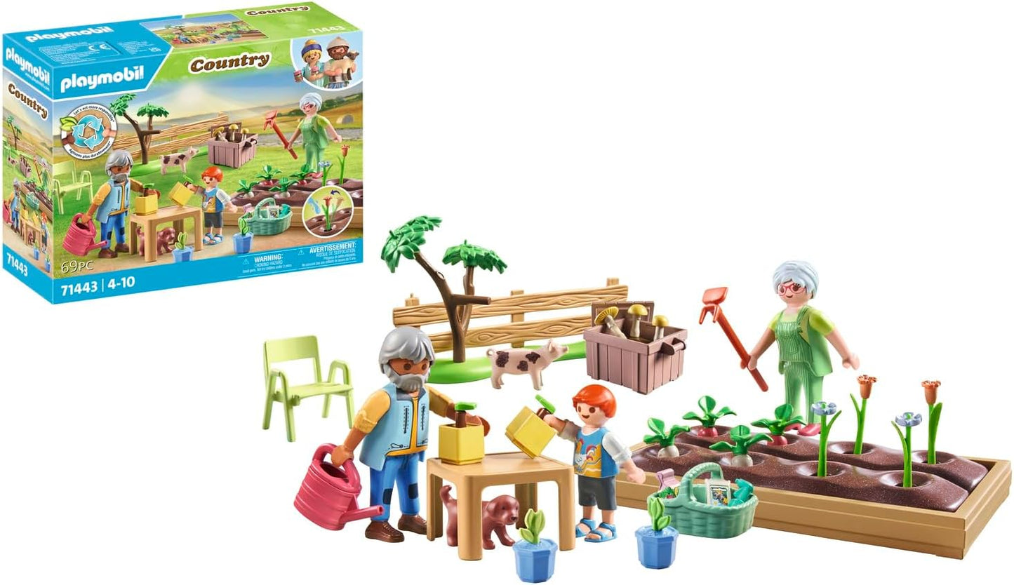 Playmobil  71443 País: Horta com os avós, incluindo canteiro de flores, regador e ferramentas de jardim, encenação divertida e imaginativa, conjuntos de jogos sustentáveis adequados para crianças com mais de 4 anos