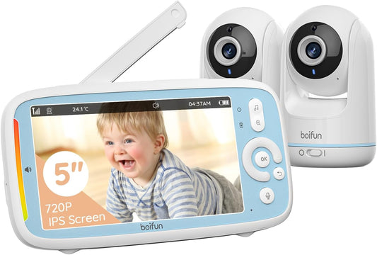 BOIFUN  Monitor de vídeo para bebês com 2 câmeras, tela IPS 720P de 5 polegadas, câmera dupla 360, sem Wifi, bateria de 3050mAh, modo VOX, visão noturna invisível, áudio bidirecional, sensor de temperatura, canções de ninar, idosos, gêmeos