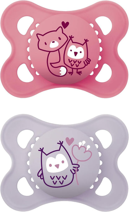 MAM Chupeta original de 2 a 6 meses (pacote com 2), chupeta para bebê feita de material sustentável, tetina de silicone SkinSoft, com estojo para chupeta MAM, rosa/roxo (os designs podem variar)