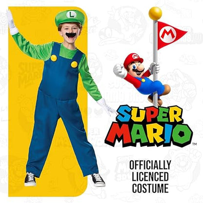 DISGUISE Fantasias oficiais de Super Mario Luigi de luxo para crianças, fantasias de Halloween para crianças disponíveis nos tamanhos S, M e L