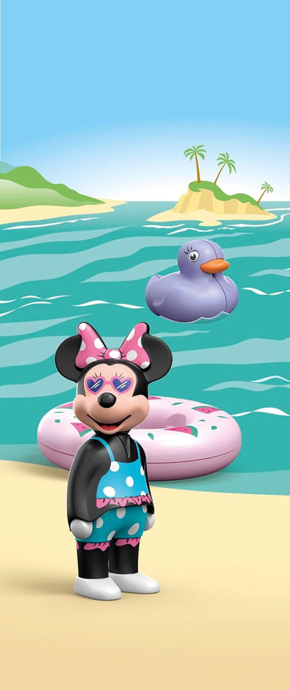 PLAYMOBIL 71706 JUNIOR e Disney: Viagem à praia da Minnie Mouse, incluindo anel de natação e pato, brinquedo sustentável feito de plástico vegetal