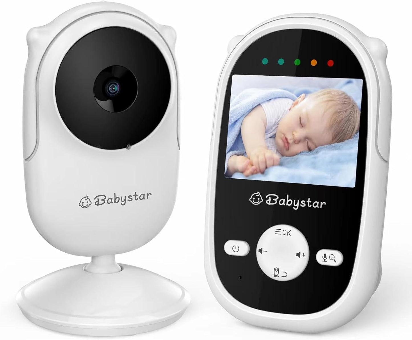 Babystar Monitor de bebê com câmera e visão noturna, monitor de bebê de vídeo sem fio com bateria recarregável, conversa bidirecional, tela HD de 2,4 polegadas, lembrete de alimentação, 4 canções de ninar