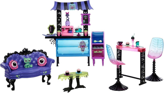 Monster High The Coffin Bean Playset, café com dois animais de estimação, móveis assustadores, doces e bebidas, balcão de barista, brinquedos infantis, conjunto de presentes, HMV78