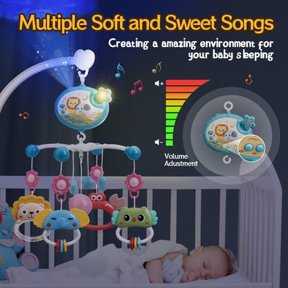 Mini Tudou Baby Musical Crib Mobile com projeção de estrelas e função de temporização, caixa de música com controle remoto com música e luzes noturnas, chocalhos de animais giratórios suspensos para crianças, brinquedo para recém-nascidos de 0 a 24 meses