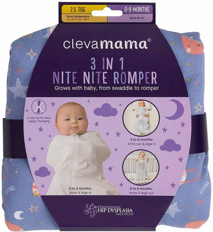 ClevaMama Macacão para bebê Nite Nite 3 em 1 – Bolsa Swaddale para recém-nascidos e bebês – 100% algodão, 2,5 tog, 0 a 9 meses, azul