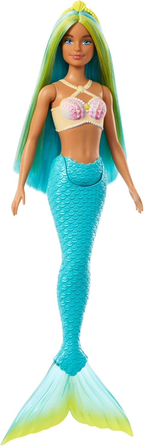 Barbie Bonecas de sereia com cabelo de fantasia e acessórios de faixa de cabeça, brinquedos de sereia com corpete inspirado em conchas e caudas coloridas, HR03