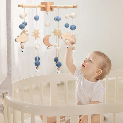 let's make bolas móveis de madeira + lã para bebês, sinos de vento, sinos de rede de berçário, presentes de recém-nascidos para meninas ou meninos (lua azul)