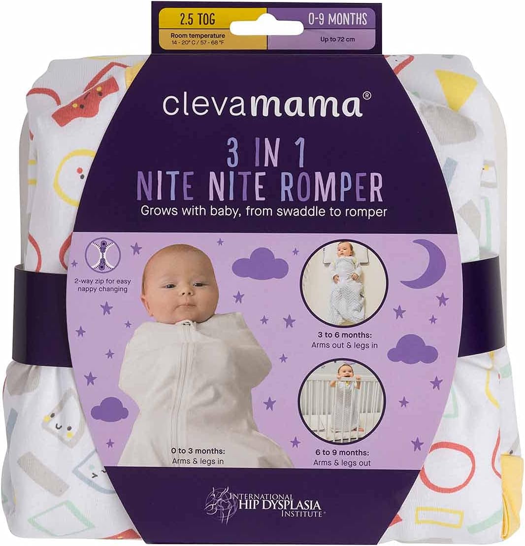 ClevaMama Macacão para bebê Nite Nite 3 em 1 – Bolsa Swaddale para recém-nascidos e bebês – 100% algodão, 2,5 tog, 0 a 9 meses, azul