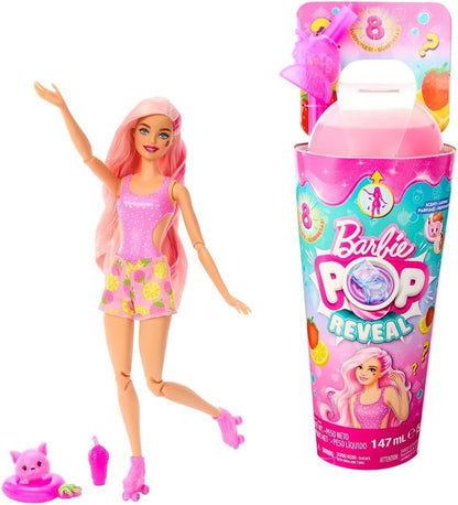 Muñeca Barbie Pop Reveal Fruit Series, muñeca que cambia de color con cabello rosado, 8 sorpresas que incluyen limo y cachorro blando, aroma a limonada de fresa, juguetes para mayores de 3 años, una muñeca, HNW41