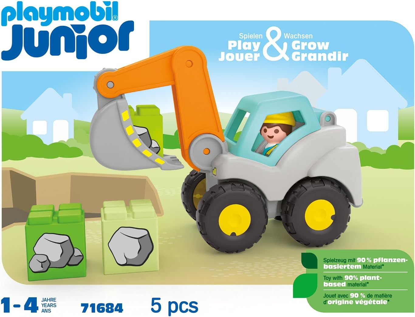 PLAYMOBIL 71684 JUNIOR: Escavadeira com pá, incluindo teto de cabine dobrável e pedras empilháveis, brinquedo sustentável feito de plástico à base de plantas, brinquedo para presente,