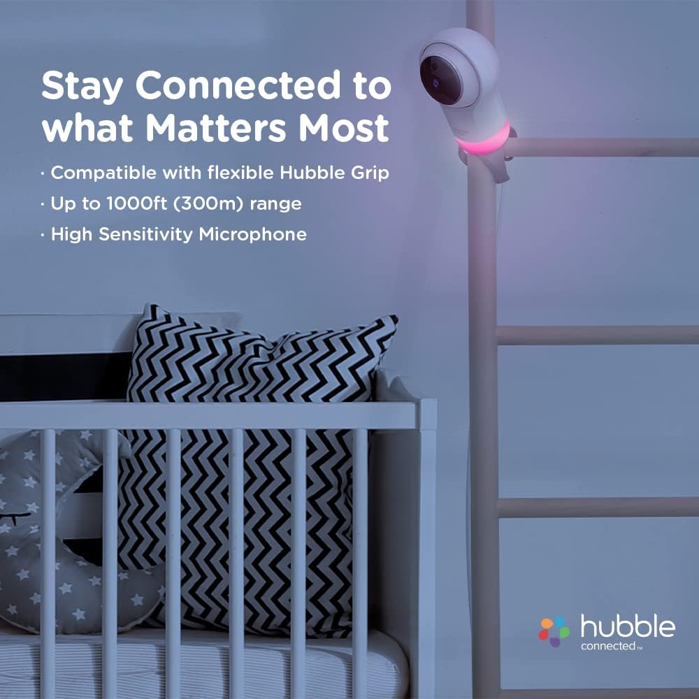 Hubble Connected Câmera infantil Nursery Pal Glow Smart HD para bebês com luz noturna de 7 cores, sensor de temperatura ambiente, zoom panorâmico e inclinação remoto, conversa bidirecional, visão noturna, câmera WiFi para bebês com