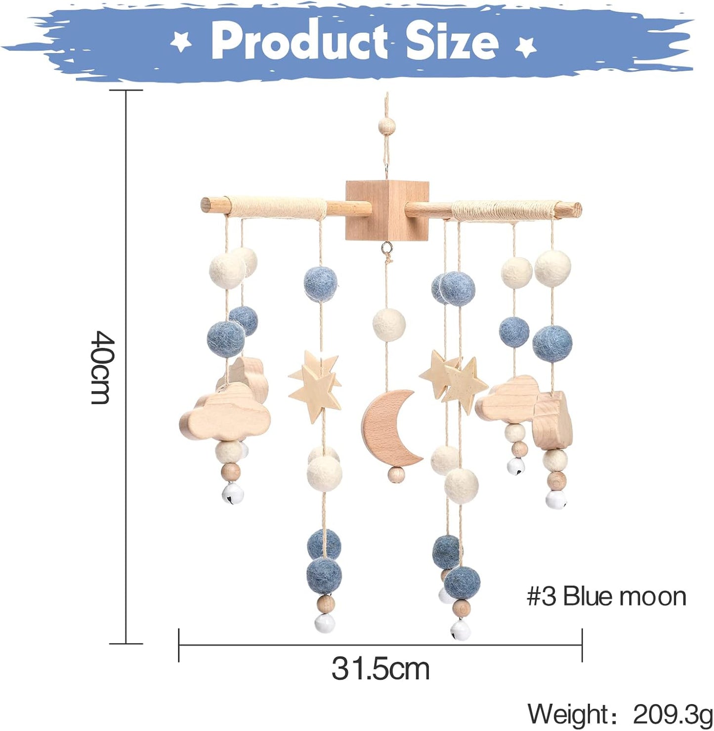 let's make bolas móveis de madeira + lã para bebês, sinos de vento, sinos de rede de berçário, presentes de recém-nascidos para meninas ou meninos (lua azul)