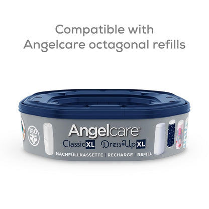 Contenedor de pañales Angelcare Classic XL, nueva solución de bajo costo, tiene capacidad para 70 pañales, sin torsión, sin complicaciones, menos uso de plástico, incluye 1 casete de recambio octogonal