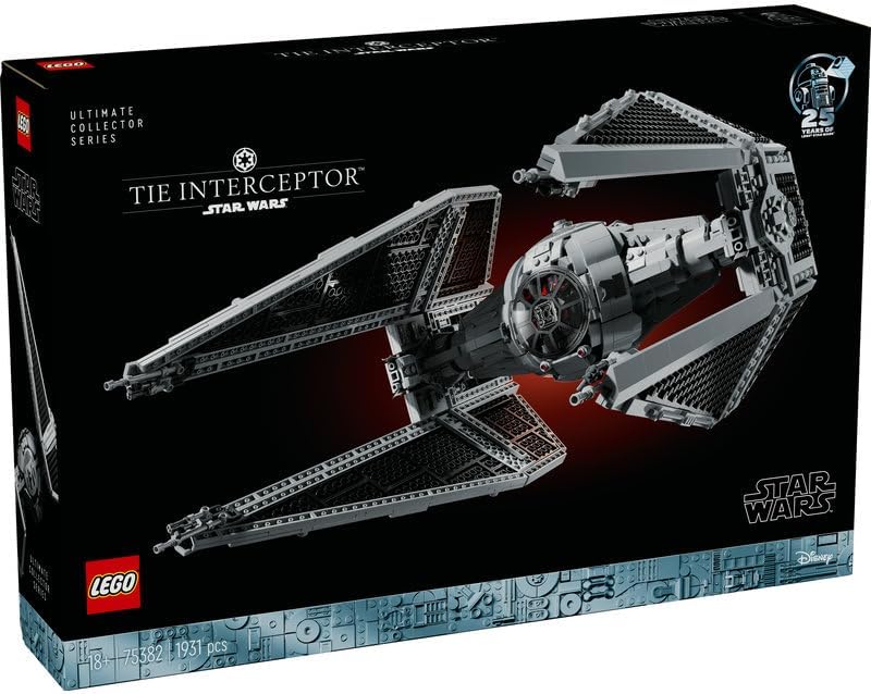 LEGO Conjunto de construção de veículos Star Wars TIE Interceptor UCS, kit de modelo para adultos construirem, com minifigura piloto e figura droid, presentes colecionáveis para homens, mulheres, ele ou ela