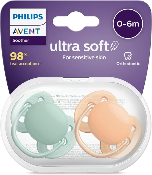 Philips Avent Pacote de 2 chupetas Ultra Soft - chupeta sem BPA para bebês de 0 a 6 meses, laranja/verde (modelo SCF091/03)