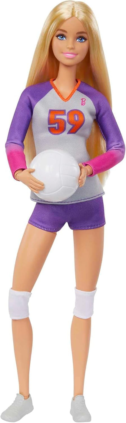 Barbie Boneca e acessórios, Made to Move, jogadora de vôlei profissional, boneca com uniforme e bola, HKT72