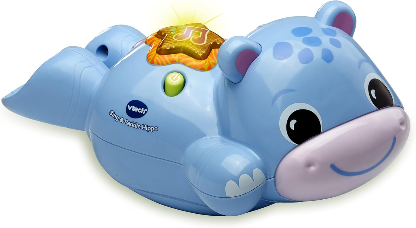 VTech Hipopótamo cantante e remador, brinquedo de banho hipopótamo nadador, botão interativo iluminado com frases e músicas, presente para bebês de 3, 6, 12, 18 meses ou mais, versão em inglês, azul