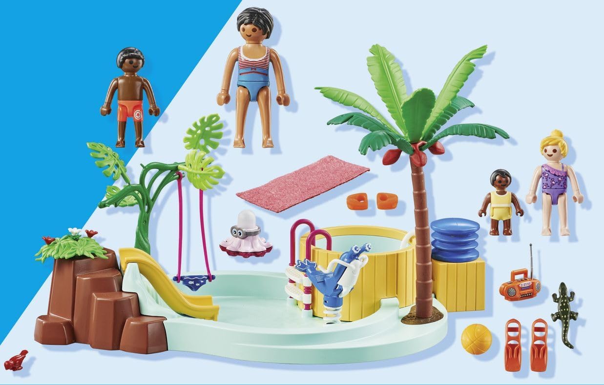 PLAYMOBIL Pacote promocional 71529 myLife: Piscina infantil com banheira de hidromassagem, diversão aquática na piscina infantil, incluindo escorregador de ondas, balanço de mola e balanço para bebês