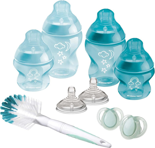 Tommee Tippee Closer to Nature Kit básico de biberón para recién nacido, tetinas similares a los senos con válvula anticólicos, tamaños mixtos, azul