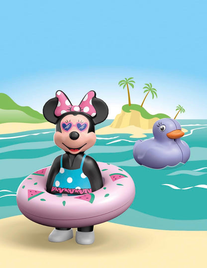 PLAYMOBIL 71706 JUNIOR e Disney: Viagem à praia da Minnie Mouse, incluindo anel de natação e pato, brinquedo sustentável feito de plástico vegetal