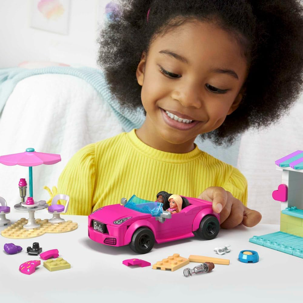 MEGA Barbie Car Building Toys Playset, Conversível e Suporte para Sorvete com 225 Peças, 2 Micro-Bonecas e Acessórios, Rosa, Ideias para Presentes para Crianças, HPN78