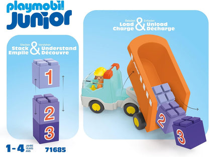 PLAYMOBIL 71685 JUNIOR: Caminhão basculante, incluindo trabalhador da construção civil e três pedras empilháveis, brinquedo sustentável feito de plástico à base de plantas, brinquedo para presentear