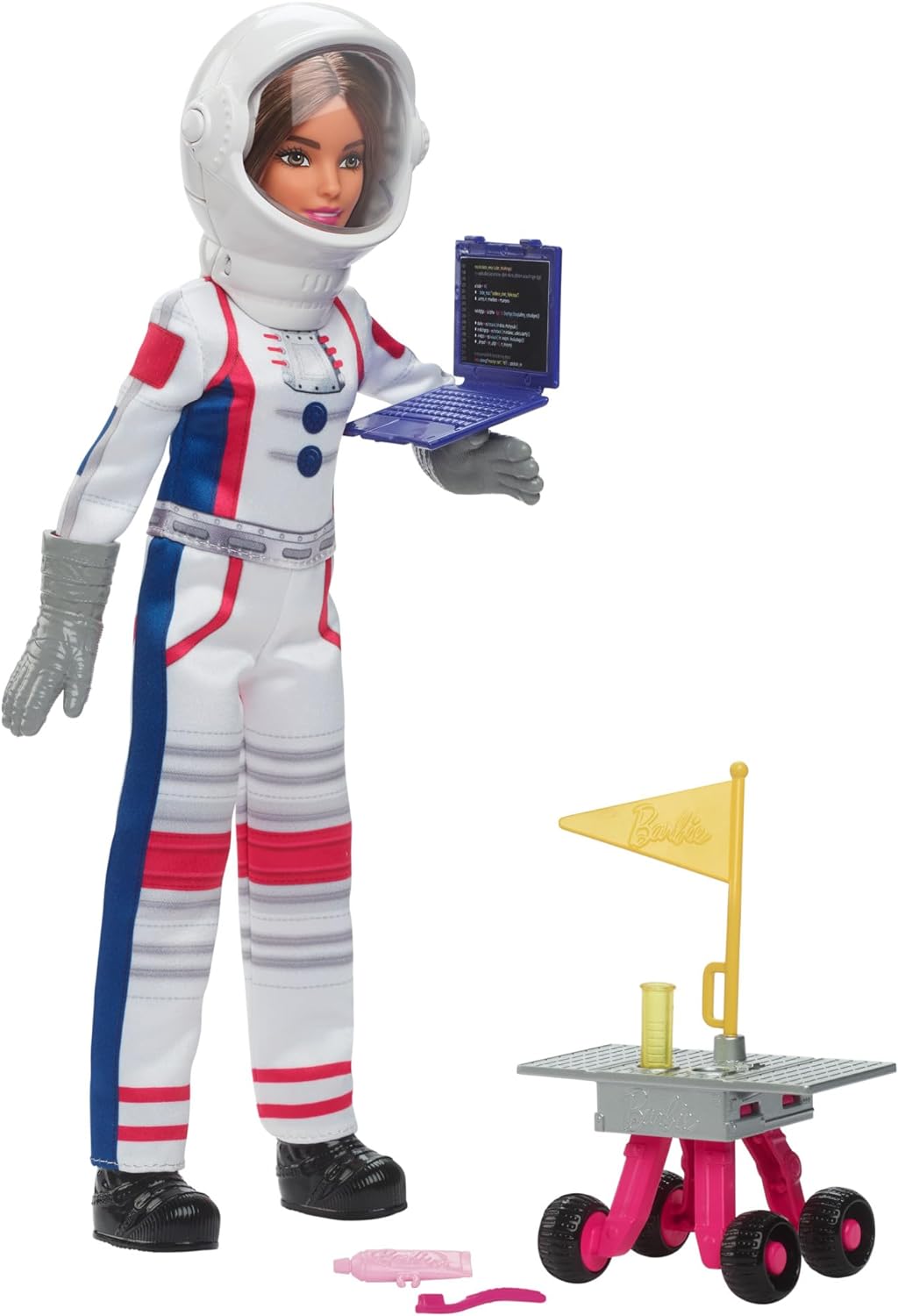 Barbie Boneca do 65º aniversário e 10 acessórios, conjunto de astronauta com boneca morena, rover rolante, capacete espacial com escudo giratório e muito mais, HRG45