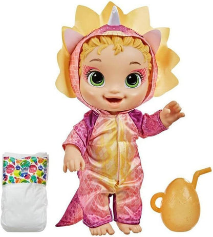 Boneca Baby Alive Dino Cuties, Triceratops, acessórios para bonecas, bebidas, molhados, brinquedo de dinossauro Triceratops para crianças de 3 anos ou mais, cabelo loiro