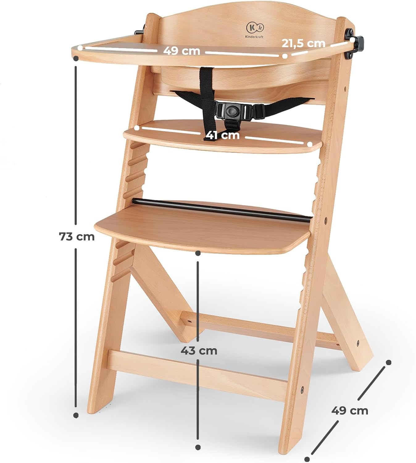 Kinderkraft Cadeira alta de madeira 3 em 1 NECK, cadeira multifuncional para bebé, altura e apoio para os pés reguláveis, cinto de segurança, com bandeja amovível, para crianças até 10 anos, natural