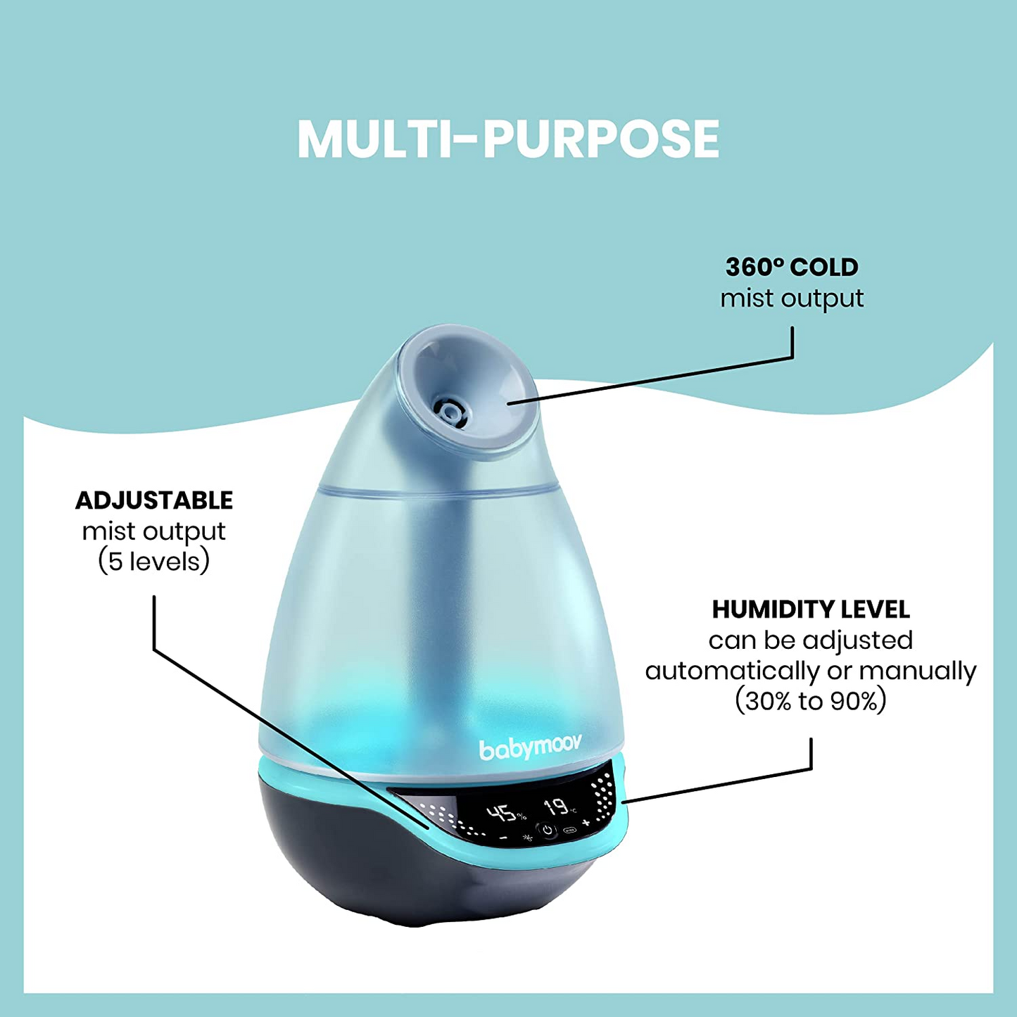 Humidificador para bebé Babymoov Hygro Plus, humidificador ultrasónico para bebé con luz nocturna y control automático de humedad