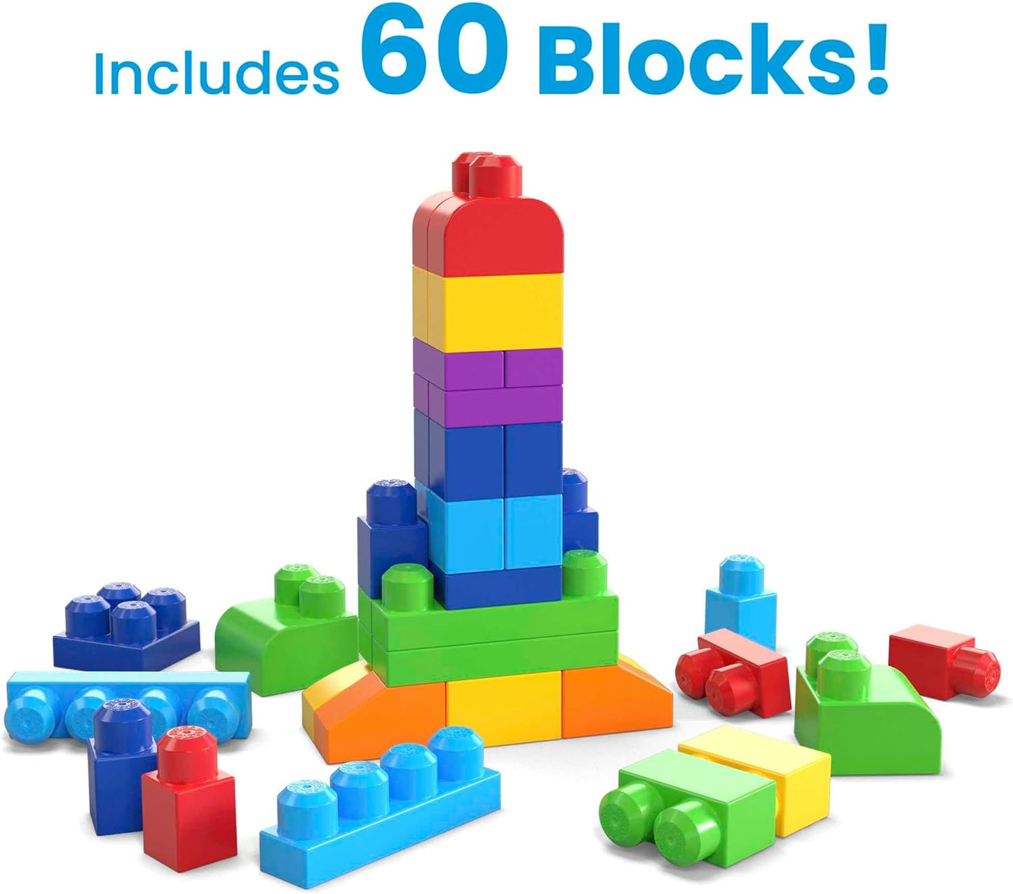 MEGA Conjunto de construção grande BLOKS Big Building Bag com 60 blocos de construção grandes e coloridos e 1 saco de armazenamento, conjunto de brinquedo para presente para maiores de 1 ano, DCH55