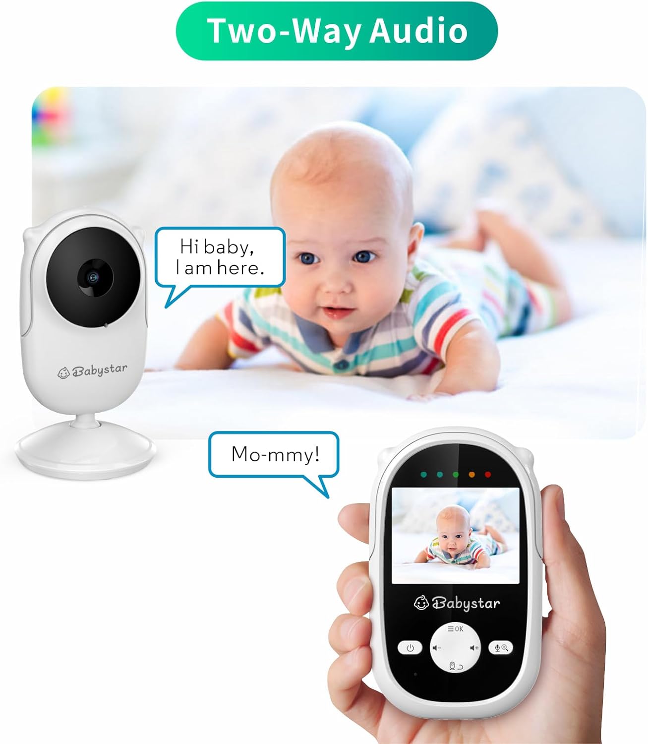 Babystar Monitor de bebê com câmera e visão noturna, monitor de bebê de vídeo sem fio com bateria recarregável, conversa bidirecional, tela HD de 2,4 polegadas, lembrete de alimentação, 4 canções de ninar