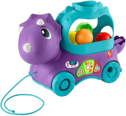 Fisher-Price de aprendizagem infantil e infantil, brinquedo de puxar bola de dinossauro com estágios inteligentes, versão em inglês do Reino Unido, Triceratops Poppin, HNR50