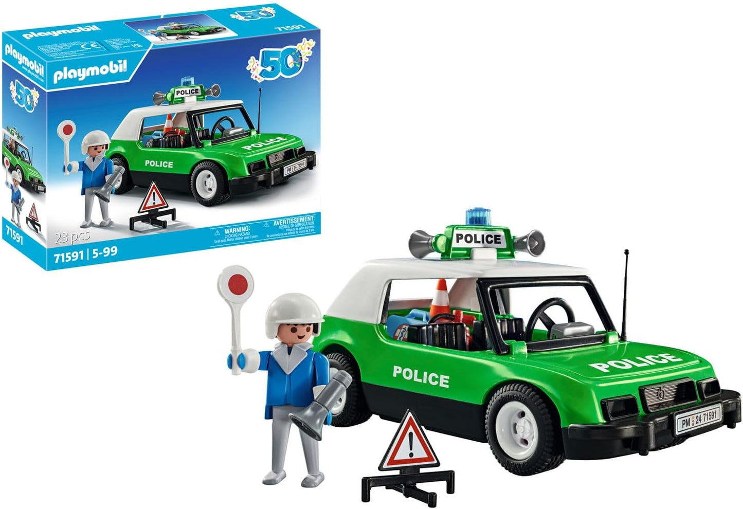 Playmobil Conjunto clássico de aniversário do carro de polícia 71591, passeios emocionantes com o icônico carro de polícia retrô dos anos 70, carro de colecionador ou conjuntos de jogos adequados para crianças a partir de 5 anos