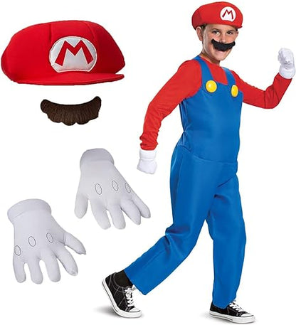 DISGUISE Fantasia oficial de Deluxe Nintendo Super Mario para crianças, fantasia de Mario Fancy para meninos e crianças, Halloween, aniversário, dia mundial do livro, semana, fantasia de Mario Bros para crianças