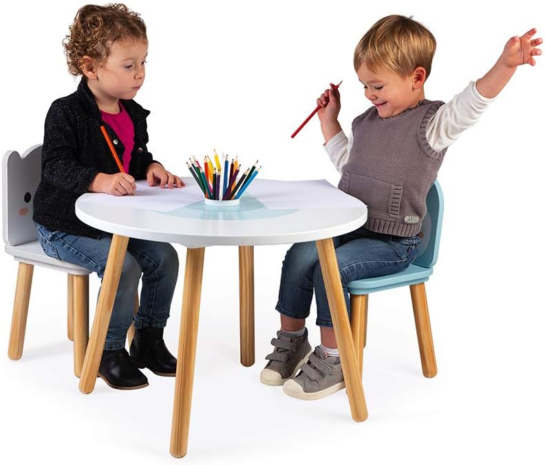 Janod - Mesa e 2 Cadeiras de Madeira para Bloco de Gelo - Mesa Infantil Redonda com Porta Lápis Removível - 1 Cadeira Urso Polar e 1 Cadeira Pinguim - Ideal para Crianças a partir de 3 Anos