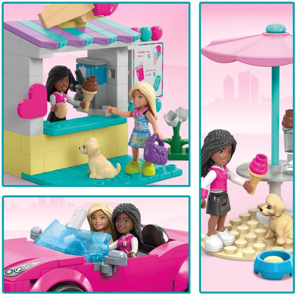 MEGA Barbie Car Building Toys Playset, Conversível e Suporte para Sorvete com 225 Peças, 2 Micro-Bonecas e Acessórios, Rosa, Ideias para Presentes para Crianças, HPN78