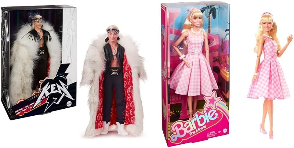 Barbie Boneco Ken colecionável do filme vestindo um grande casaco de pele falsa e colete preto com franjas e bandana, HRF31