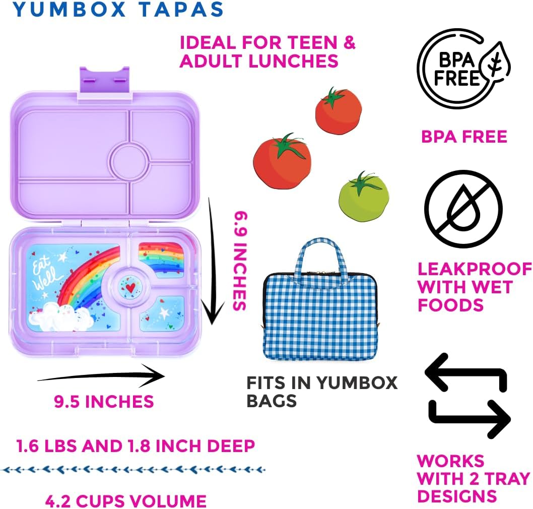 yumbox  Tapas tamanho maior - lancheira Bento à prova de vazamentos de 4 compartimentos para pré-adolescentes, adolescentes e adultos (roxo Sevilha com bandeja arco-íris)