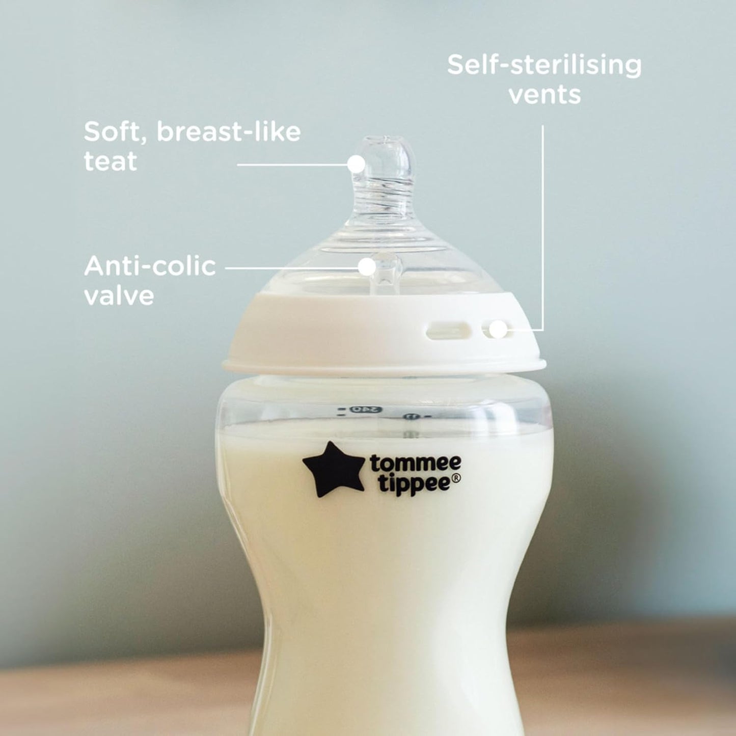 Tommee Tippee Mamadeira anticólica Natural Start, 340 ml, 3+ meses, tetina semelhante à mama de fluxo médio para uma trava natural, válvula anticólica, autoesterilizante, pacote com 4