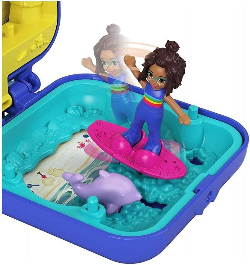 Polly Pocket™ Shani™ Tropical Beach Compact com carrinho móvel de sorvete, prancha de surf, boneco de golfinho, personalização de fotos, boneca Micro Shani™ e folha de adesivos; Para maiores de 4 anos, GKJ44