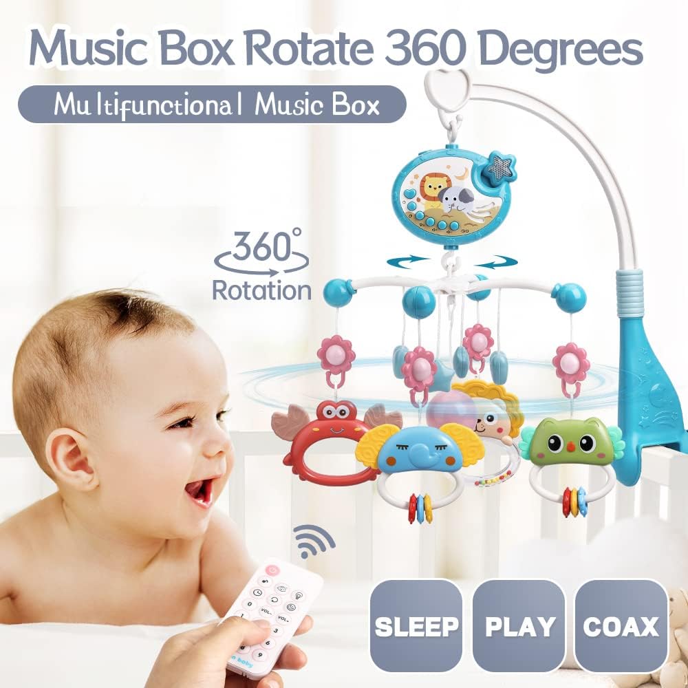 Mini Tudou Baby Musical Crib Mobile com projeção de estrelas e função de temporização, caixa de música com controle remoto com música e luzes noturnas, chocalhos de animais giratórios suspensos para crianças, brinquedo para recém-nascidos de 0 a 24 meses