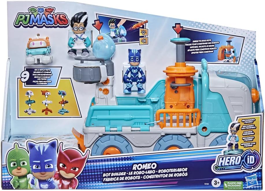 PJ Masks Romeo Bot Builder Brinquedo pré-escolar, veículo Romeo 2 em 1 e conjunto de fábrica de robôs com luzes e sons para crianças de 3 anos ou mais