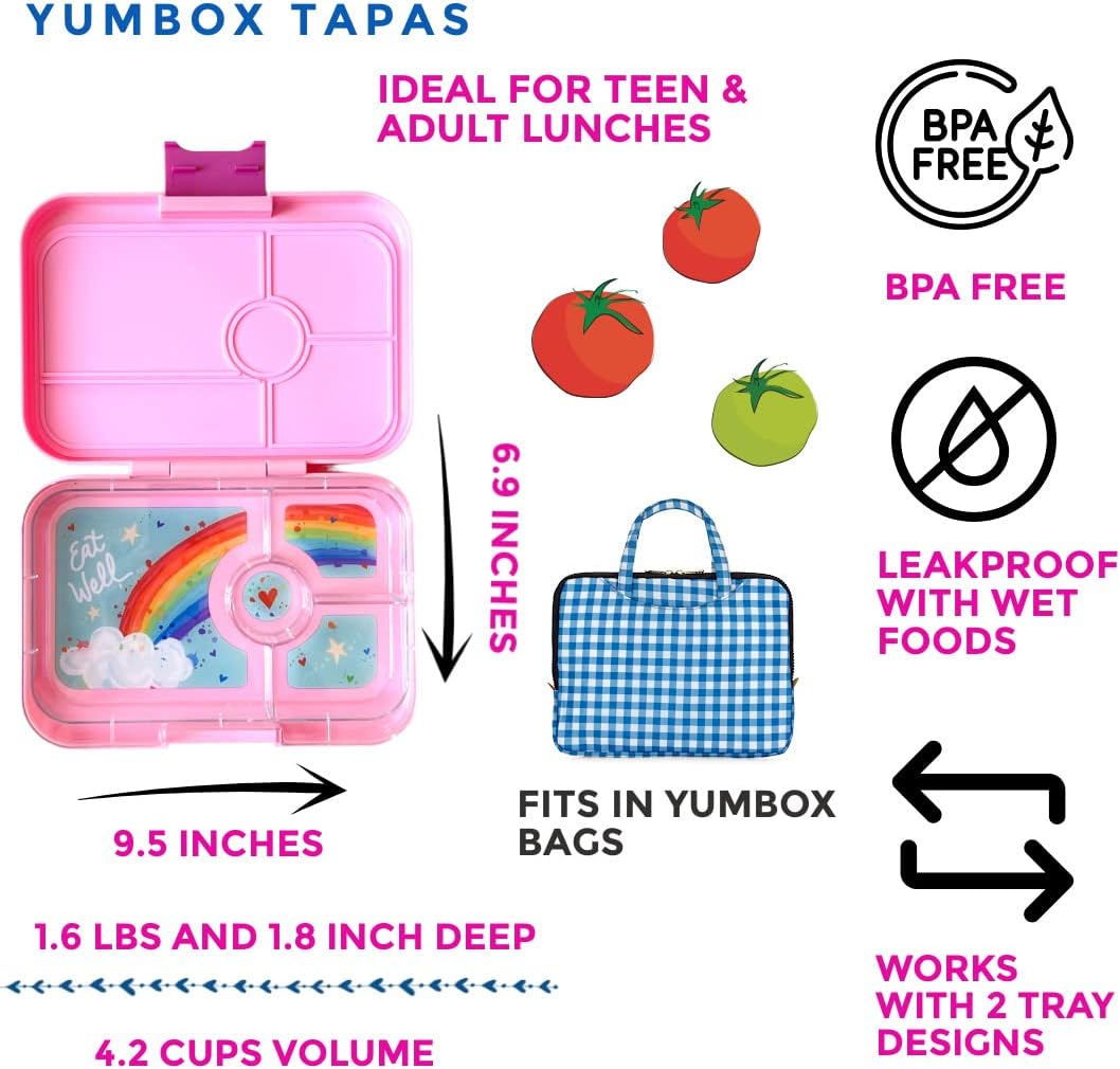 Yumbox Lancheira Bento Tapas 4,2 xícaras: Design de 4 compartimentos à prova de vazamentos em Capri Pink Rainbow - Perfeito para refeições portáteis ricas em nutrientes para adultos e crianças maiores