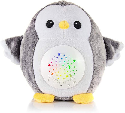 Meero London Máquina de ruído branco Penguin AKT13P, projetor de luz noturna, chupeta de pelúcia para bebê com projetor de estrelas noturnas com 15 canções de ninar musicais - pacote de presente - unissex